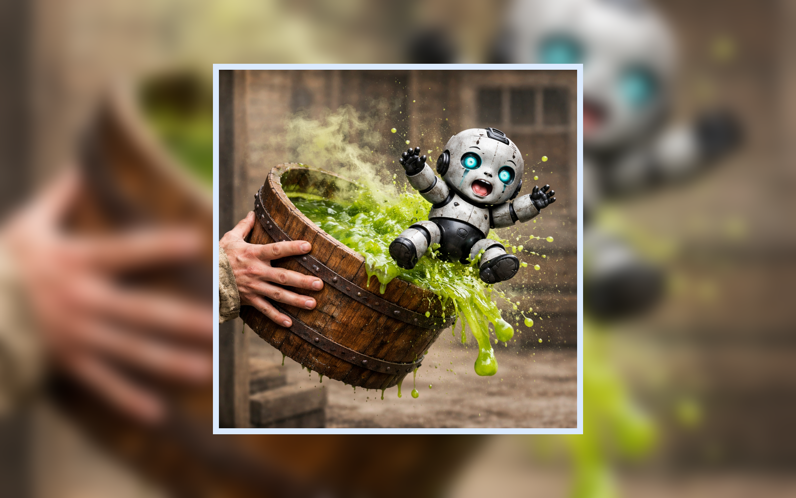 Landscape card image showing the robot and green slime bursting from a wooden bucket against a blurred background.